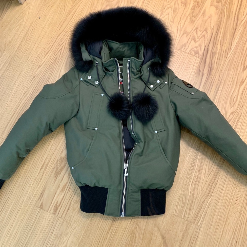 Moose knuckles green pom Pom bomber jacket